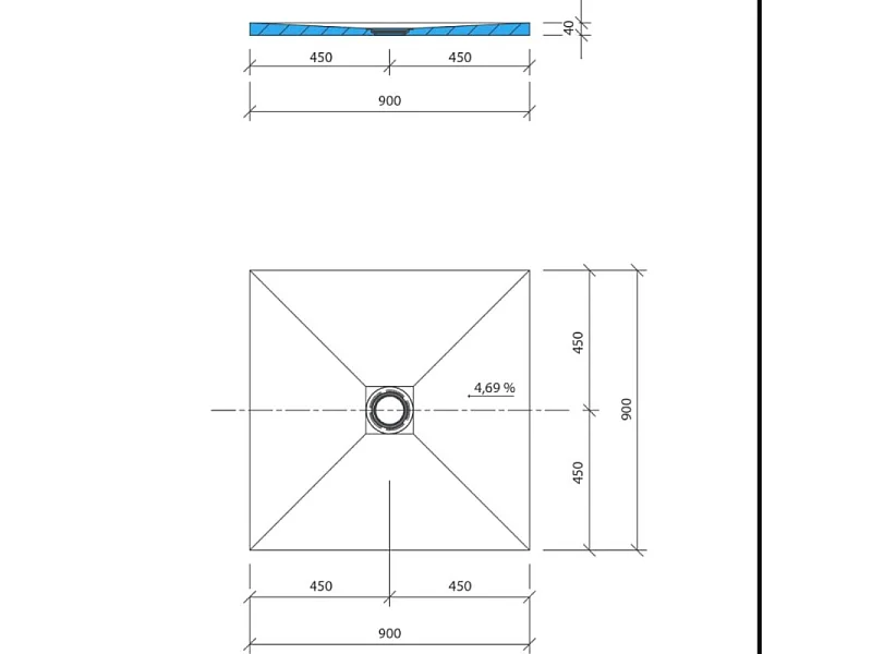 Receveur de douche à carreler 90 x 90 WEDI Fundo Primo carré écoulement centrée