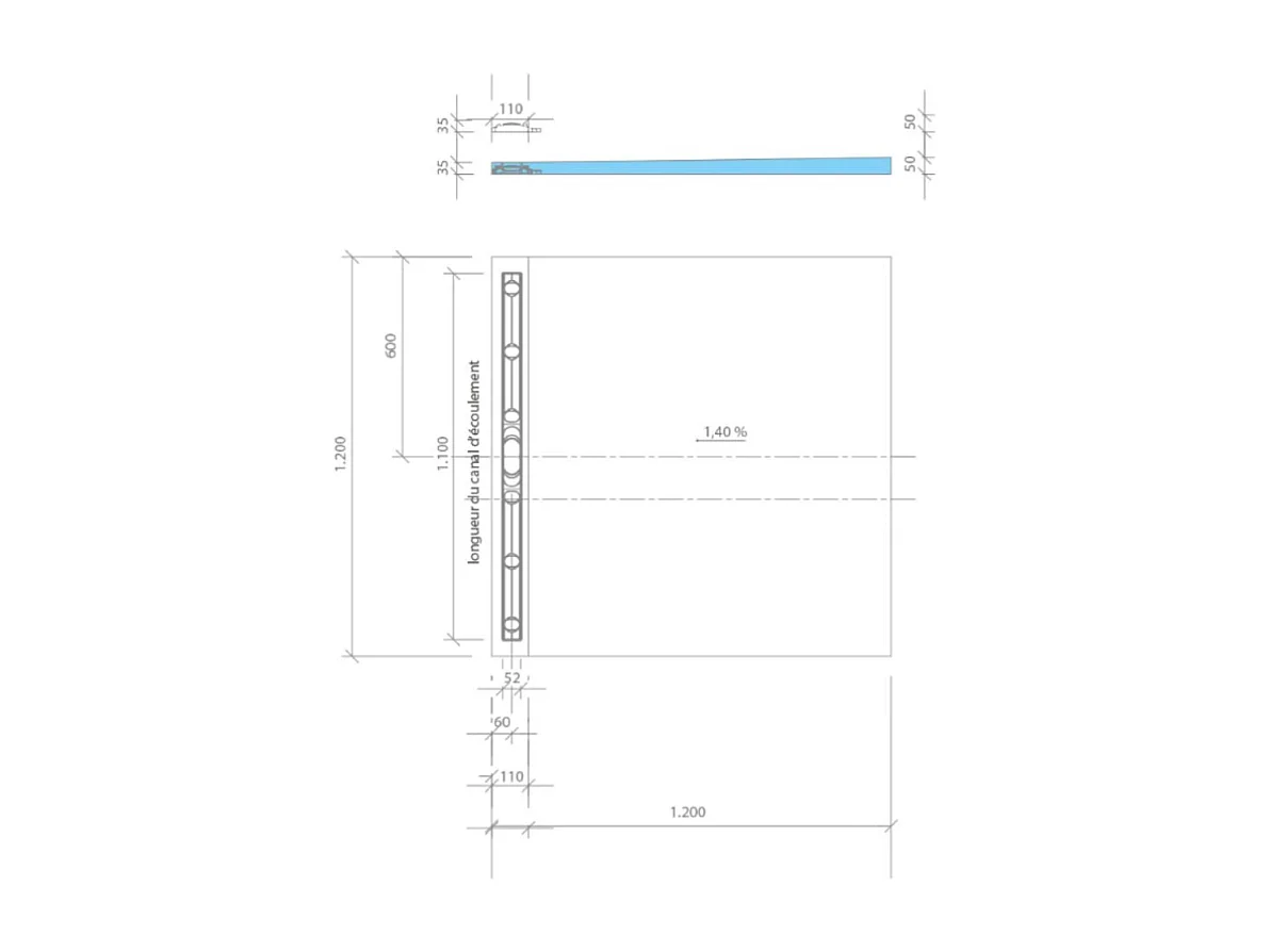 Receveur de douche à carreler 120 x 120 cm Wedi Fundo Riolito Neo + barrette de finition + bonde horizontale + kit d'étanchéité + colle 320