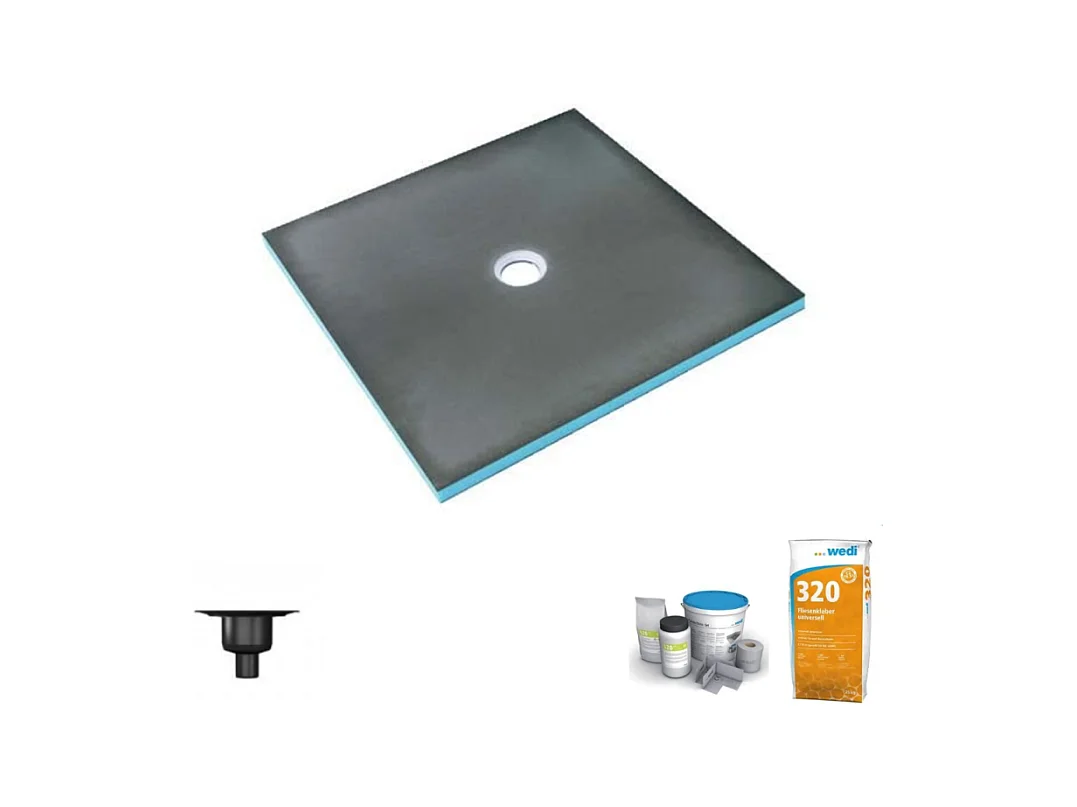 Receveur de douche à carreler 90 x 90 WEDI Fundo Primo carré écoulement centrée + bonde verticale + kit d'étanchéité + colle 320