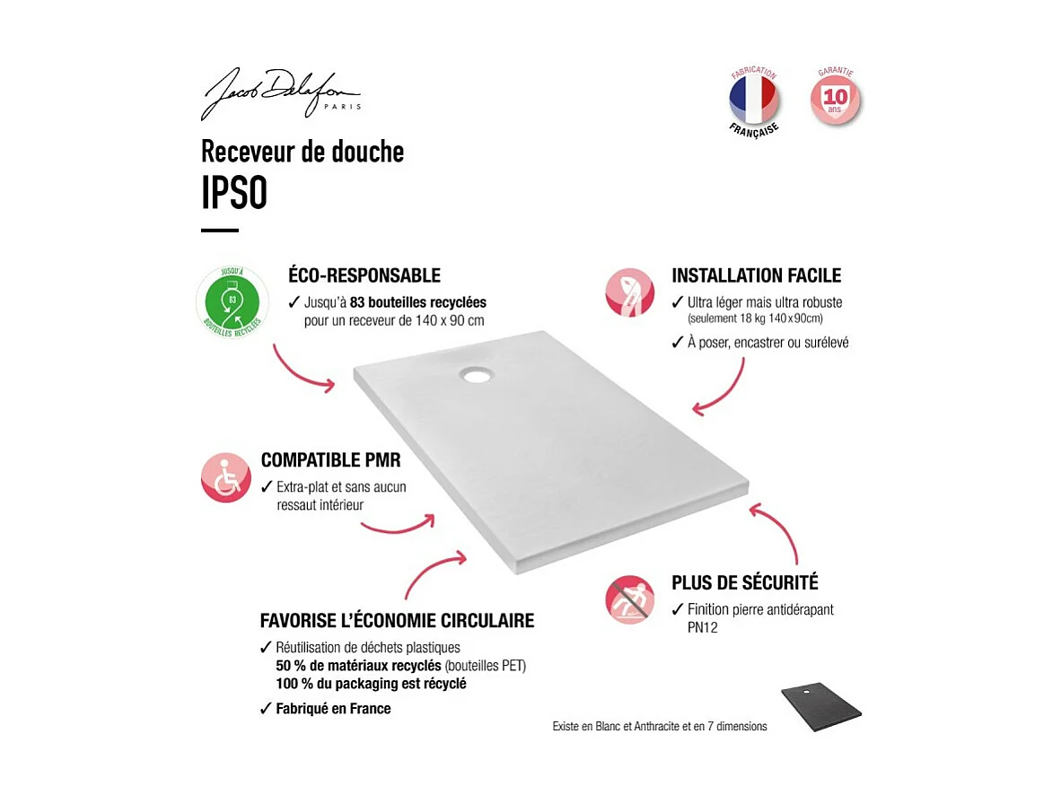Receveur de douche 160 x 90 JACOB DELAFON Ipso rectangle gris anthracite