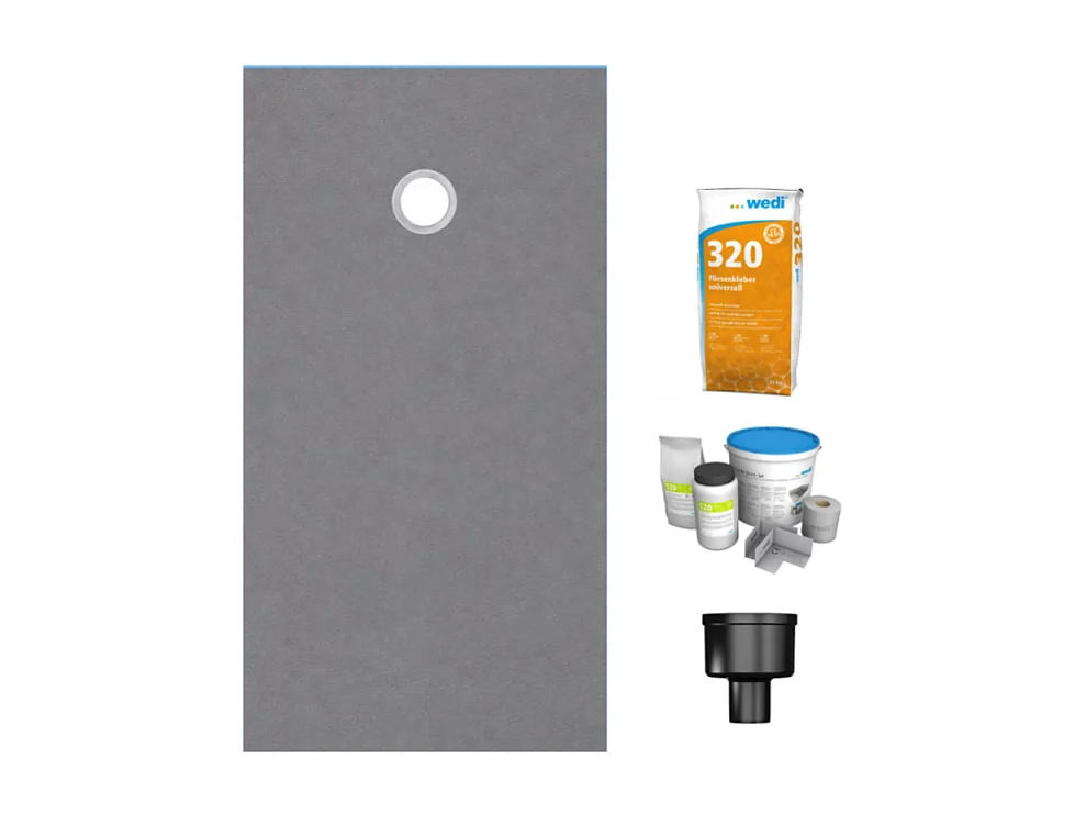 Receveur de douche à carreler 140 x 90 WEDI Fundo Primo écoulement excentré + bonde verticale + kit d'étanchéité + colle 320