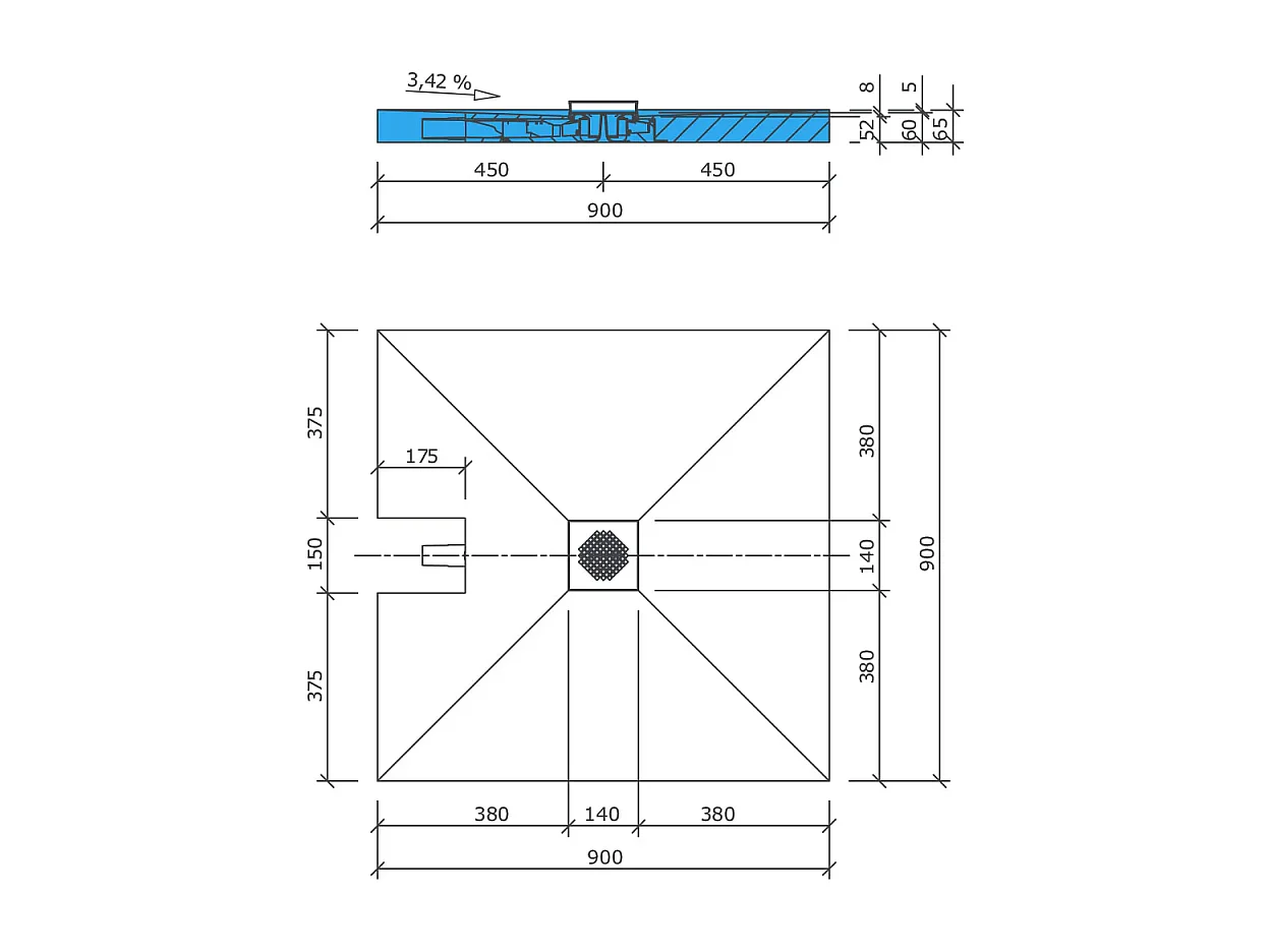 Receveur à carreler 90 x 90 cm WEDI Fundo Plano, bonde intégrée + Colle Wedi 320