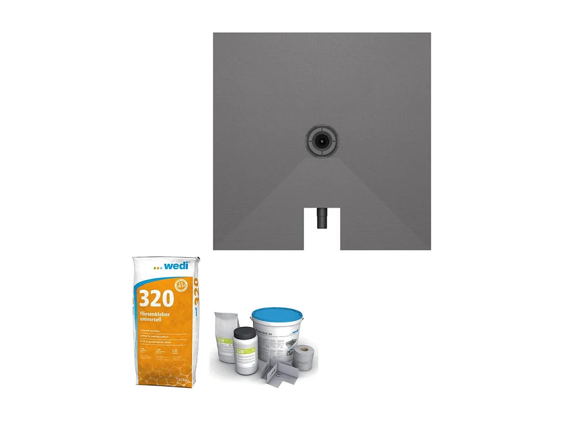 Receveur à carreler 90 x 90 cm WEDI Fundo Plano, bonde intégrée + colle 320 + kit d'étanchéité