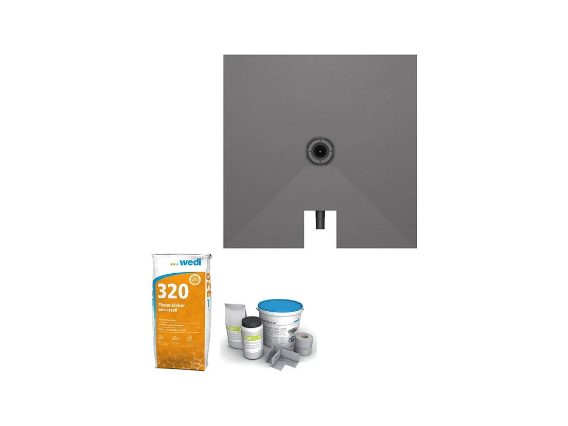 Receveur à carreler 90 x 90 cm WEDI Fundo Plano, bonde intégrée + colle 320 + kit d'étanchéité