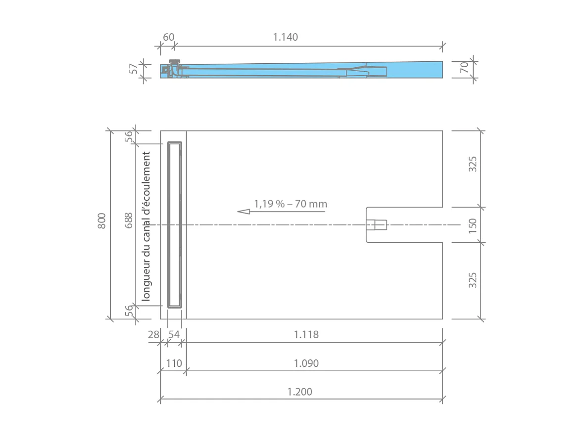 Receveur à carreler 120 x 80 cm WEDI Fundo Plano Linea écoulement linéaire & bonde intégrée + kit d'étanchéité