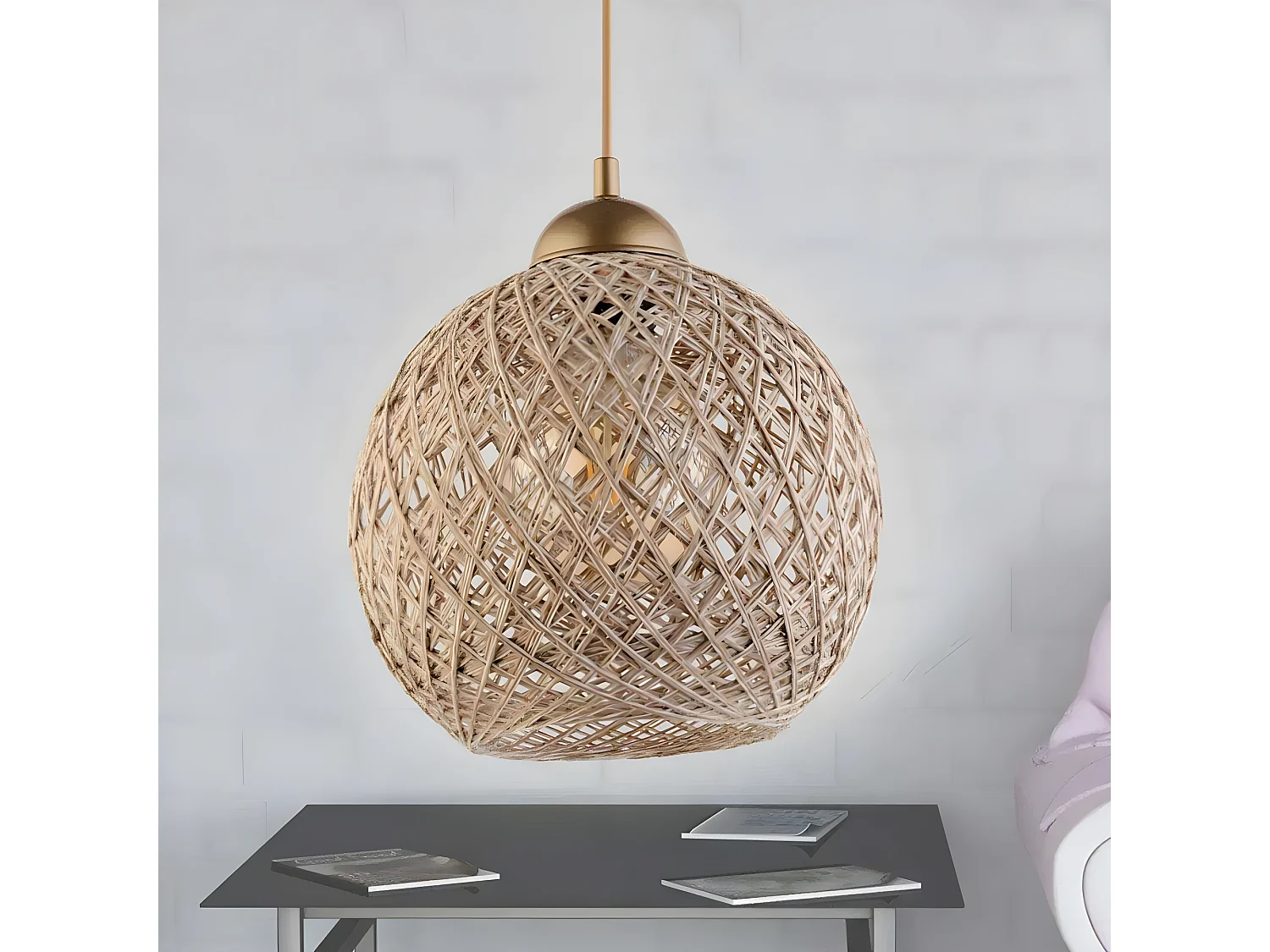 Suspension Berleda D22cm Métal Or et Coton Beige et Blanc