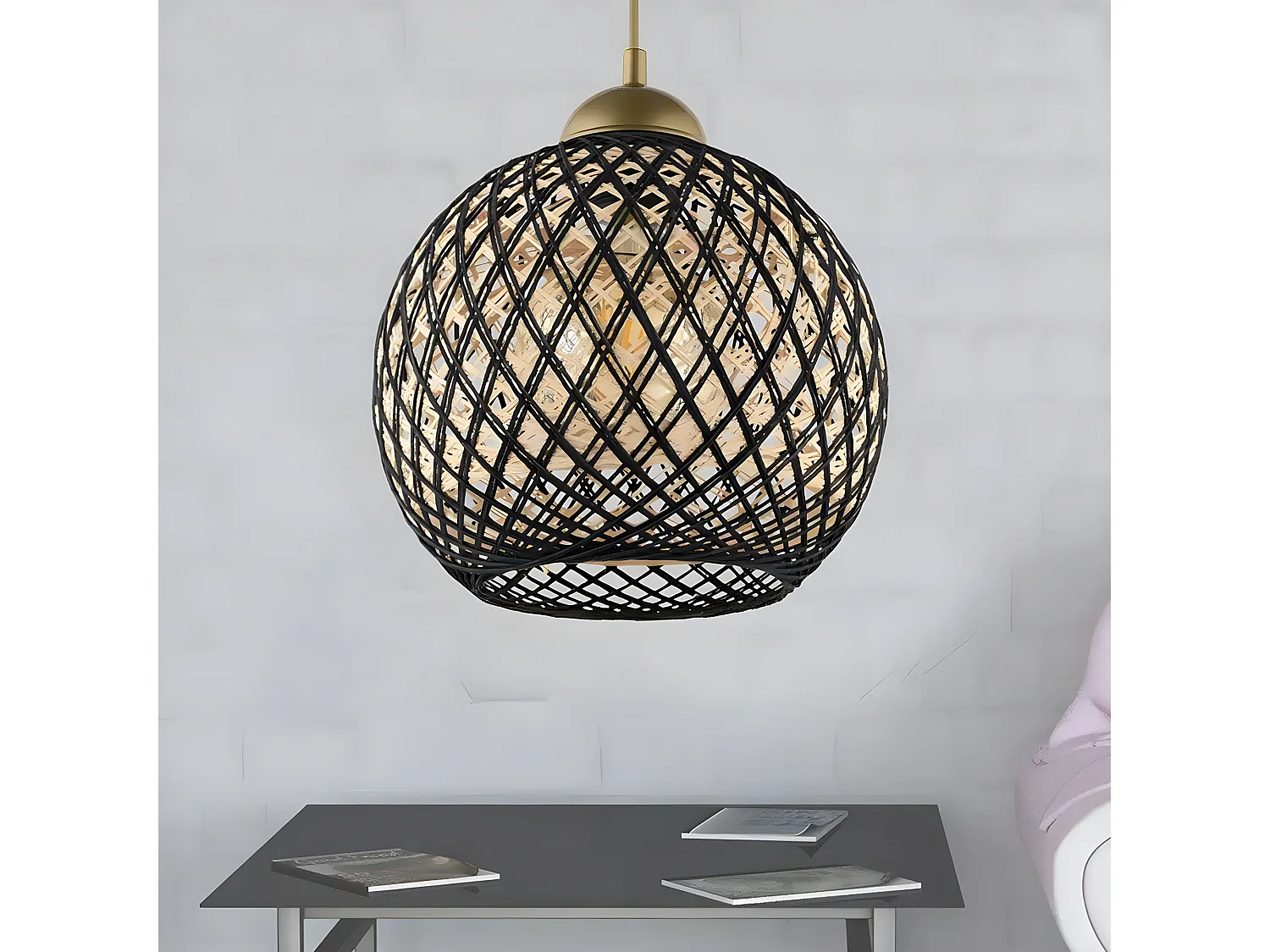 Suspension Berleda D22cm Métal Or et Coton Noir et Beige