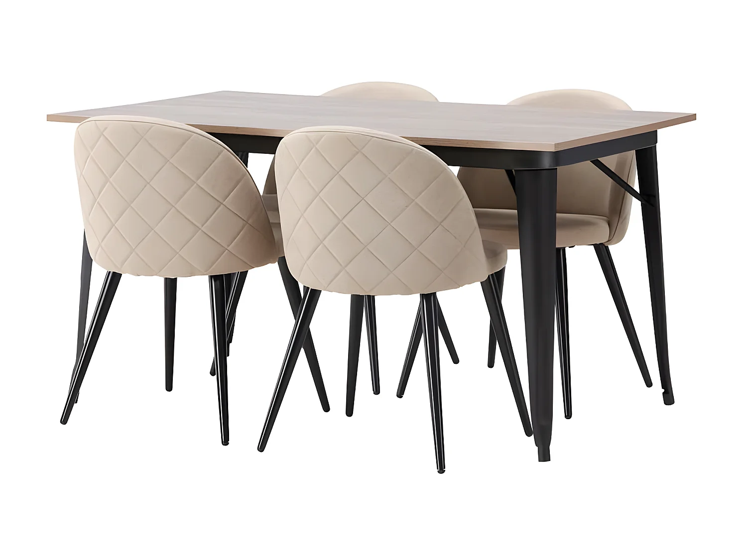 Tempe Essgruppe Tisch Nussbaum dekor und 4 Velvet Stühle beige.