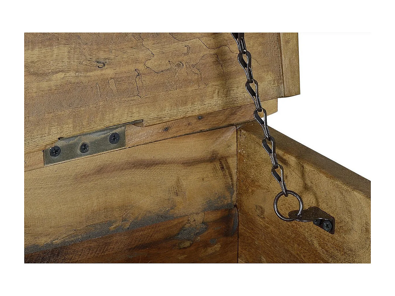 Base da mesa em madeira reciclada e roletas de metal multicoloridas.