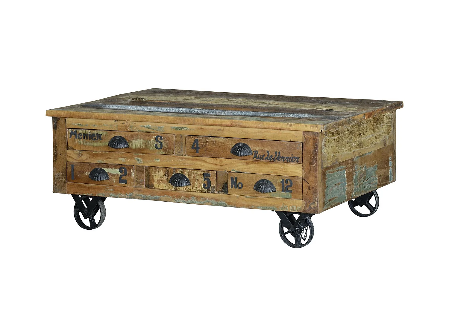 Table basse en bois recyclé et roulettes métal multicolores