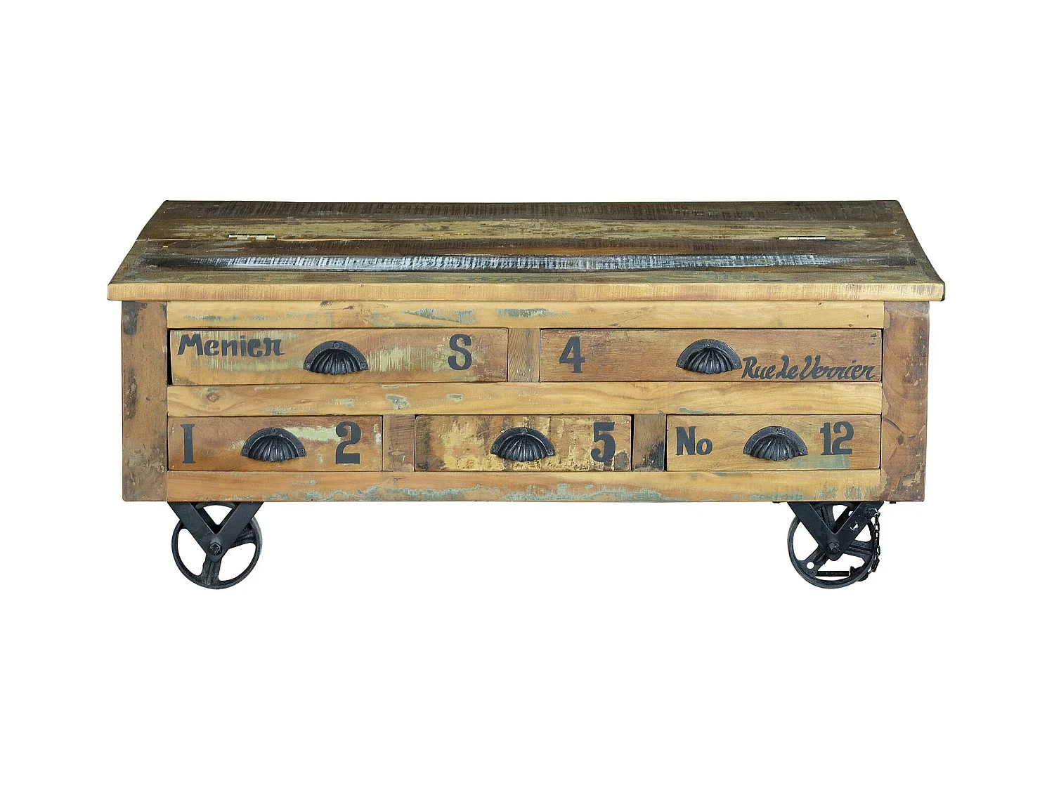 Table basse en bois recyclé et roulettes métal multicolores