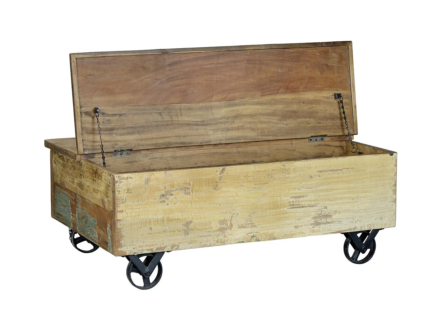 Table basse en bois recyclé et roulettes métal multicolores