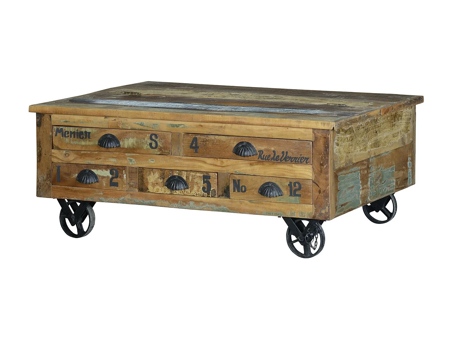 Tafelonderstel van gerecycled hout en veelkleurige metalen roulettes