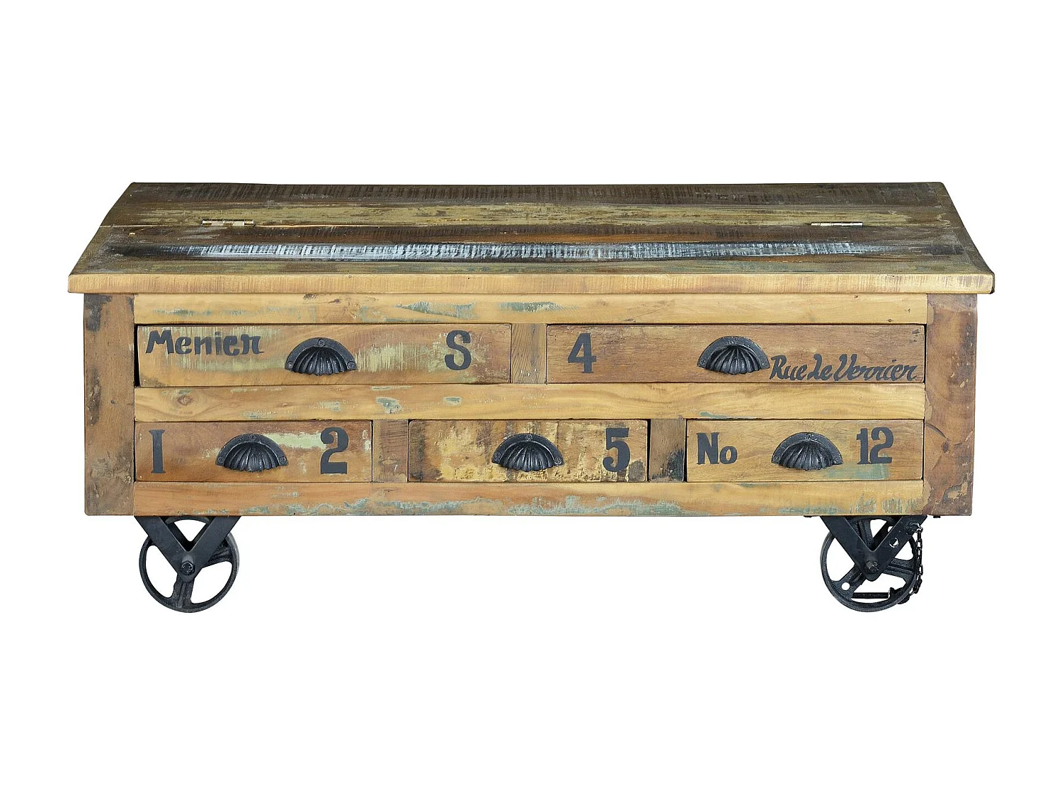 Tafelonderstel van gerecycled hout en veelkleurige metalen roulettes