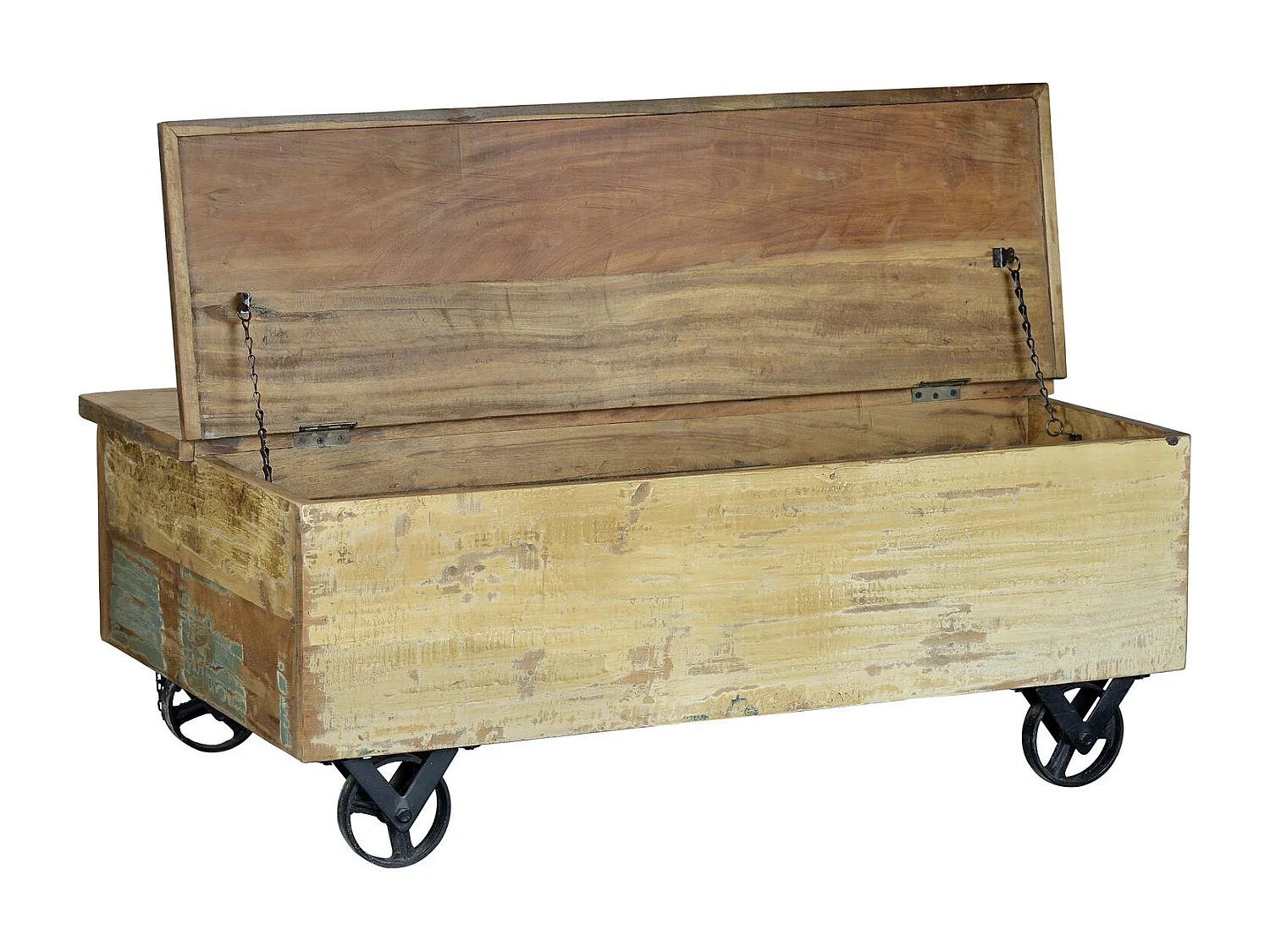 Tafelonderstel van gerecycled hout en veelkleurige metalen roulettes