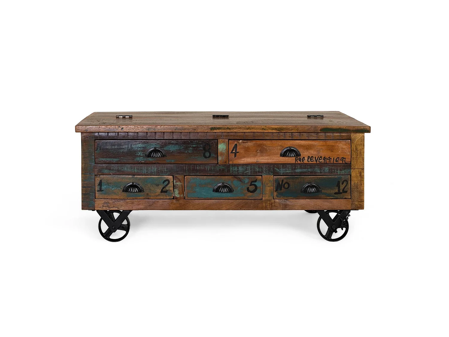 Table basse en bois recyclé 110 cm, style vintage moderne - 42 x 110 x 70 cm