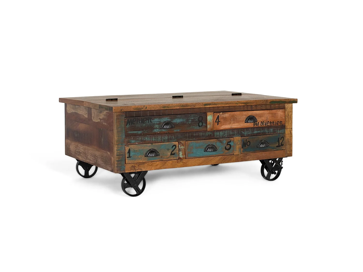 Table basse en bois recyclé 110 cm, style vintage moderne - 42 x 110 x 70 cm