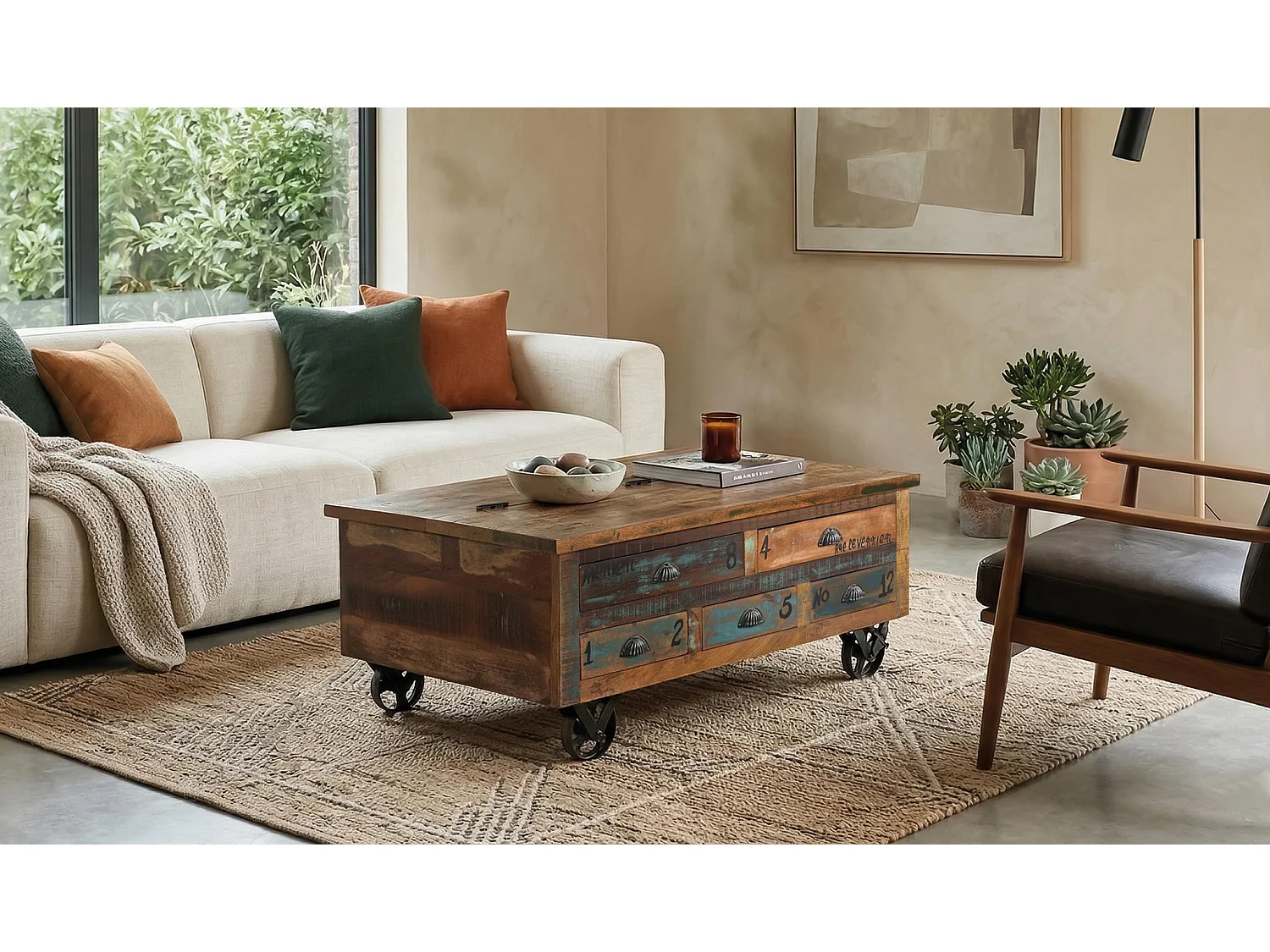 Table basse en bois recyclé 110 cm, style vintage moderne - 42 x 110 x 70 cm