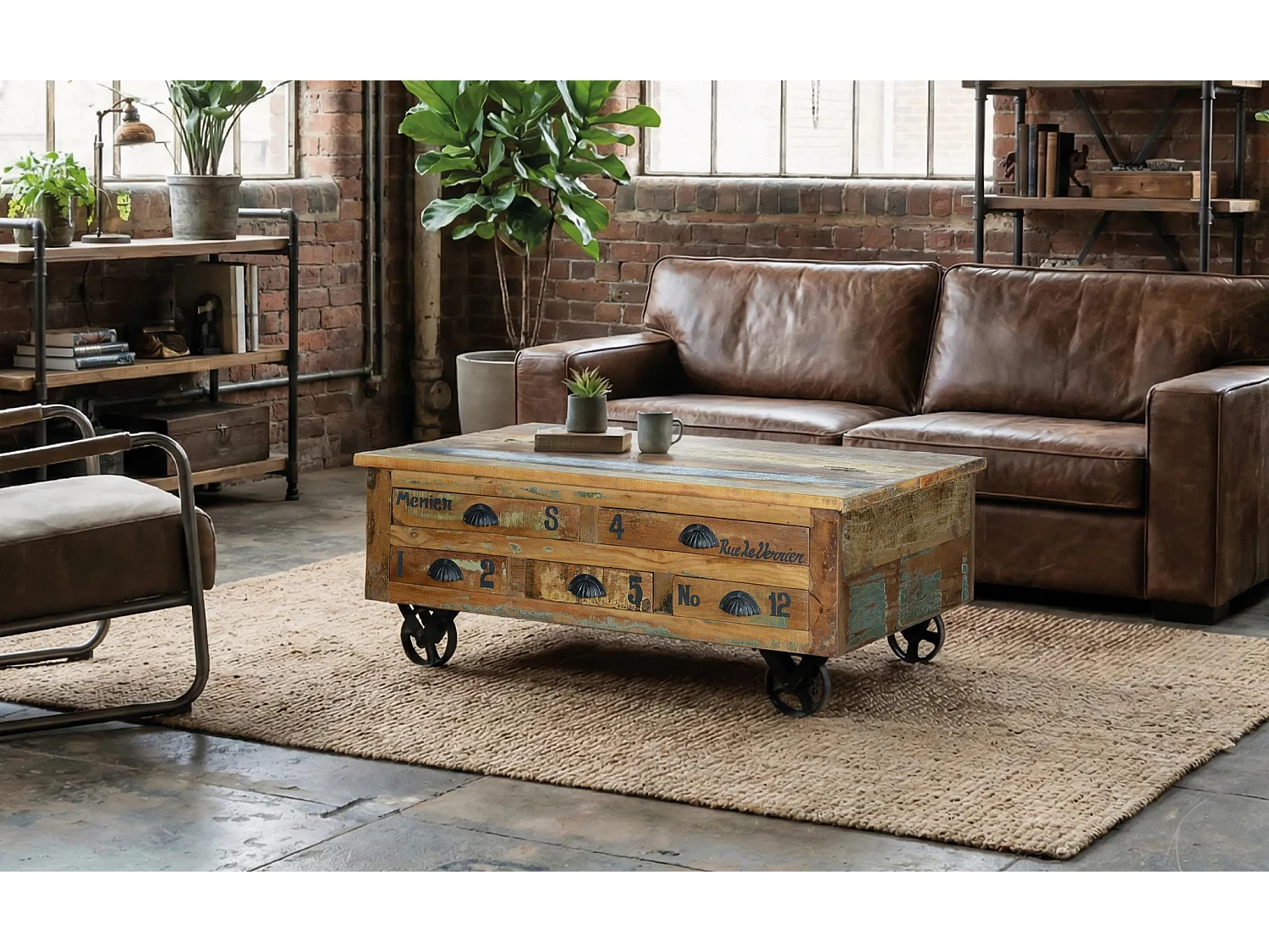 Table basse en bois recyclé 110 cm, style vintage moderne - 42 x 110 x 70 cm