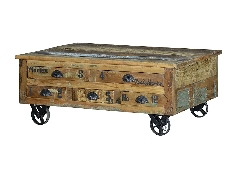 Table basse en bois recyclé et roulettes métal multicolores