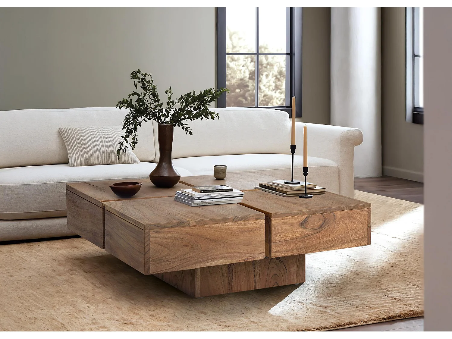 Tables basses en bois d'acacia 80 cm, style rustique moderne - 30 x 80 x 80