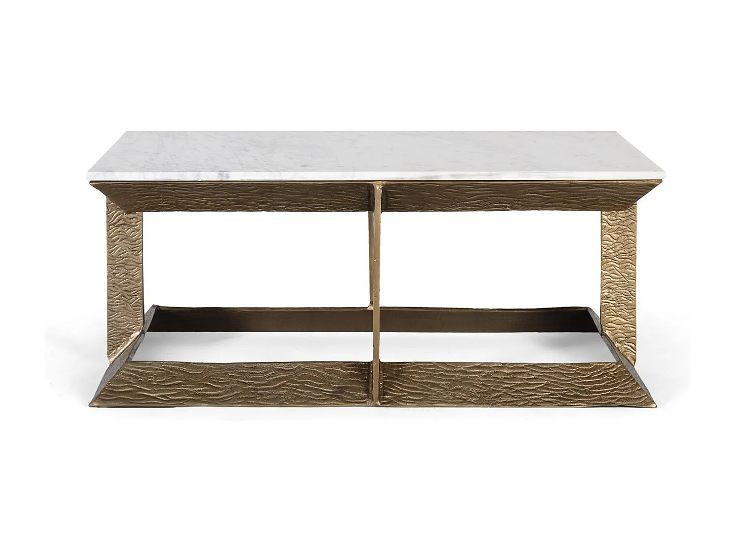 Tavolo centrale con base in alluminio e piano in marmo.