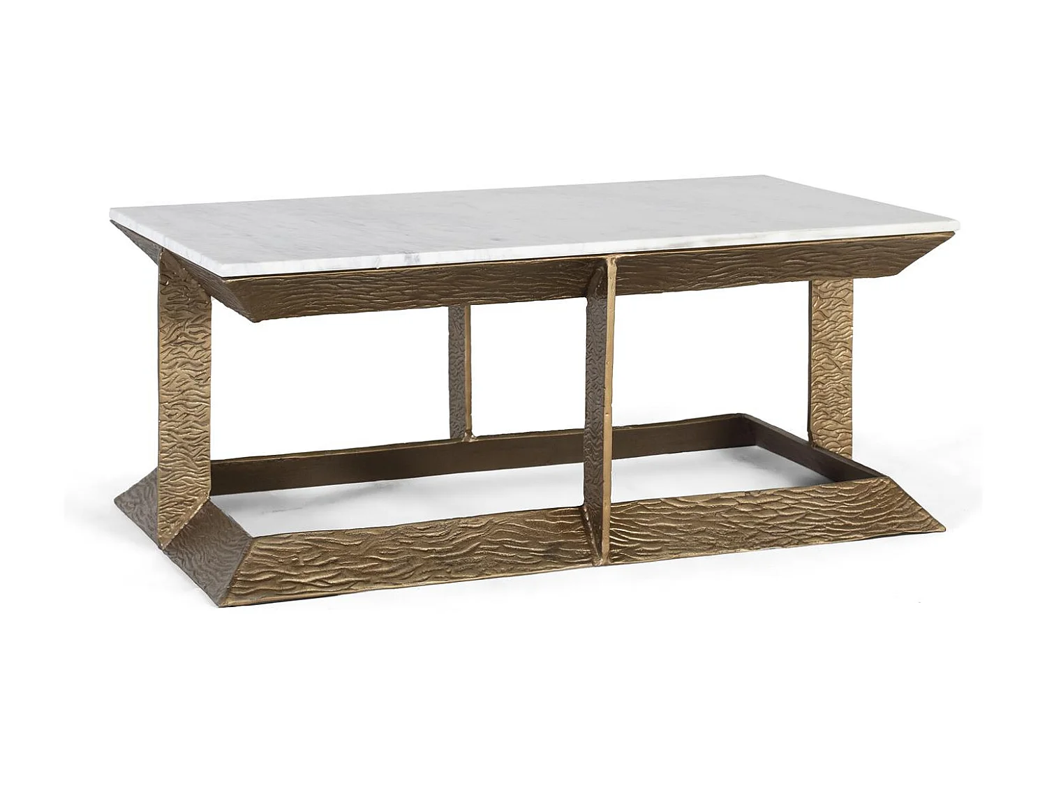 Tavolo centrale con base in alluminio e piano in marmo.