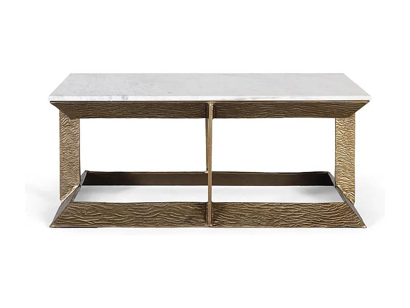 Mesa central com base de alumínio e tampo de mármore.