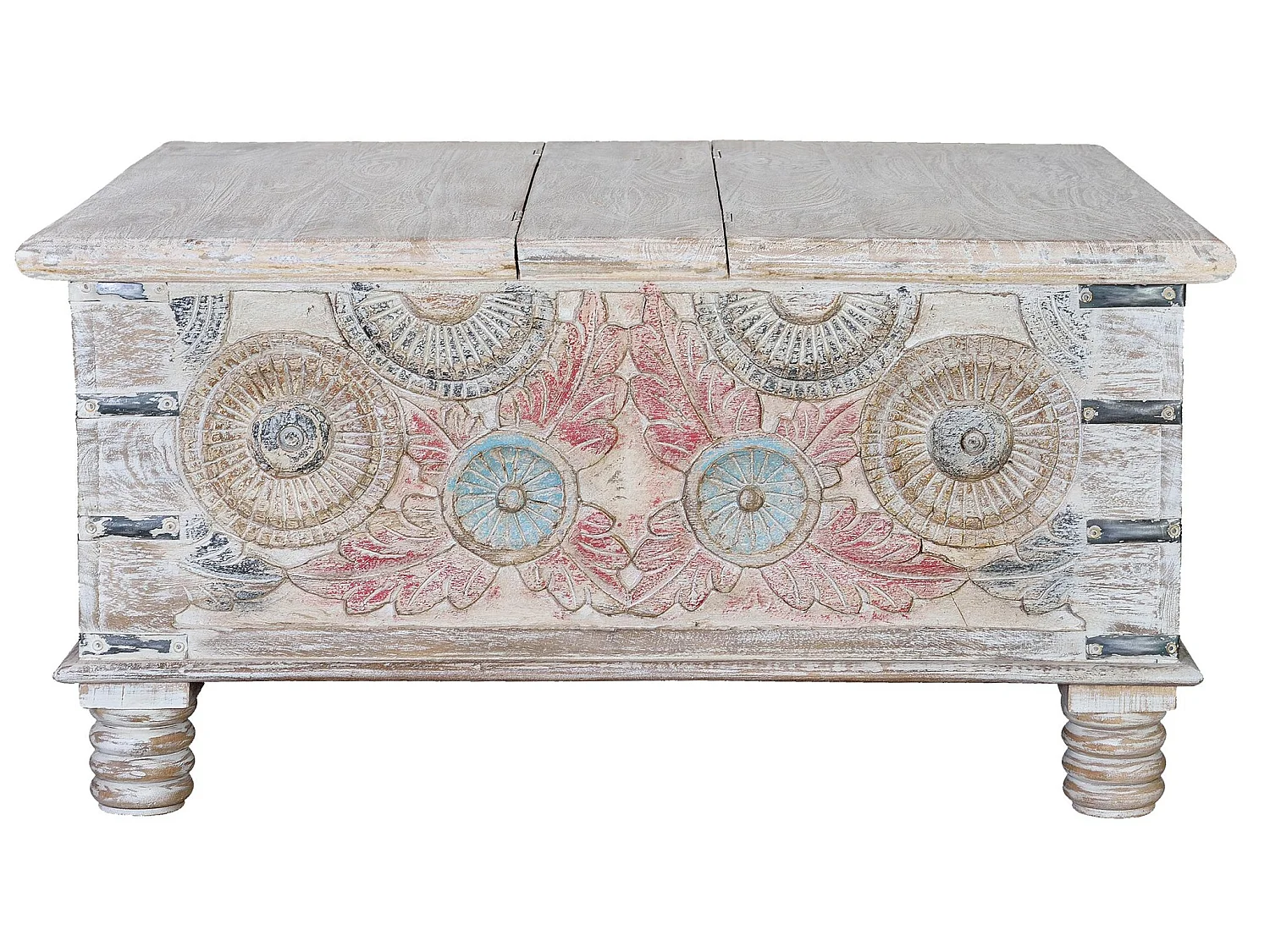 Tables basses en bois de manguier 90 cm, style ethnique rustique - 45 x 90 x 90