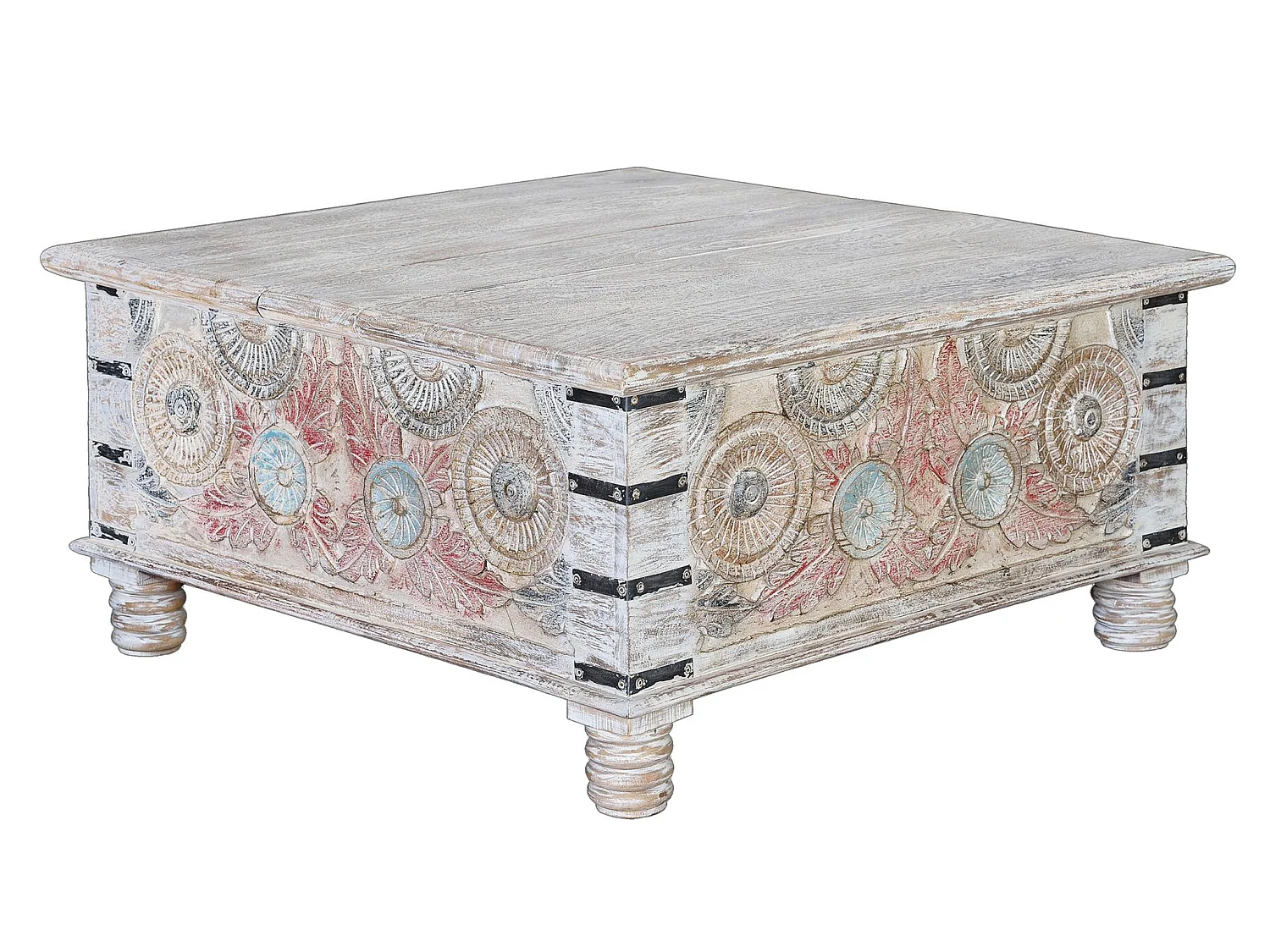 Tables basses en bois de manguier 90 cm, style ethnique rustique - 45 x 90 x 90