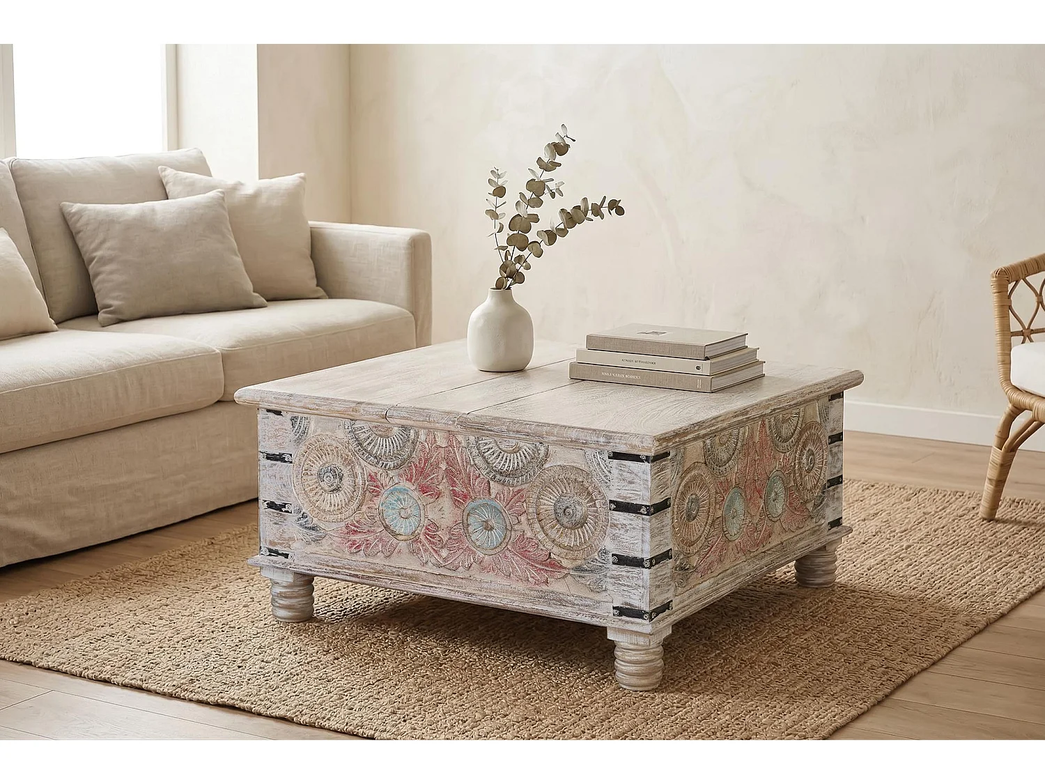Tables basses en bois de manguier 90 cm, style ethnique rustique - 45 x 90 x 90