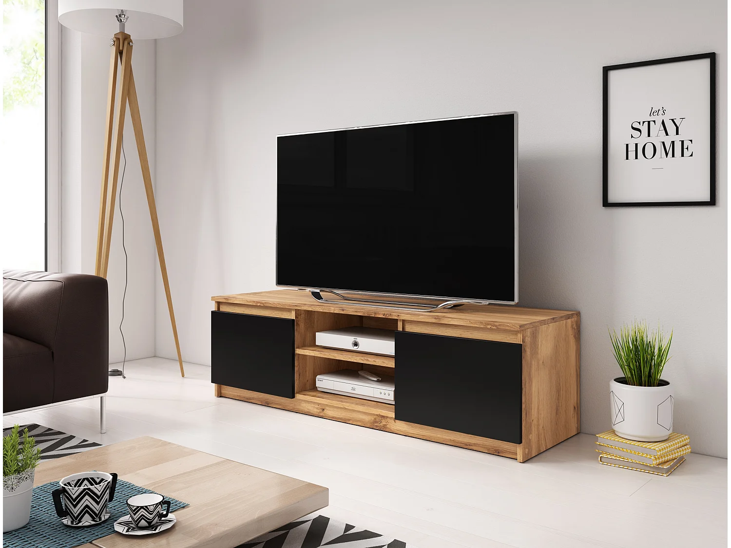 Meuble TV - 120 cm - chêne wotan/graphite noir - avec LED - PERMYS