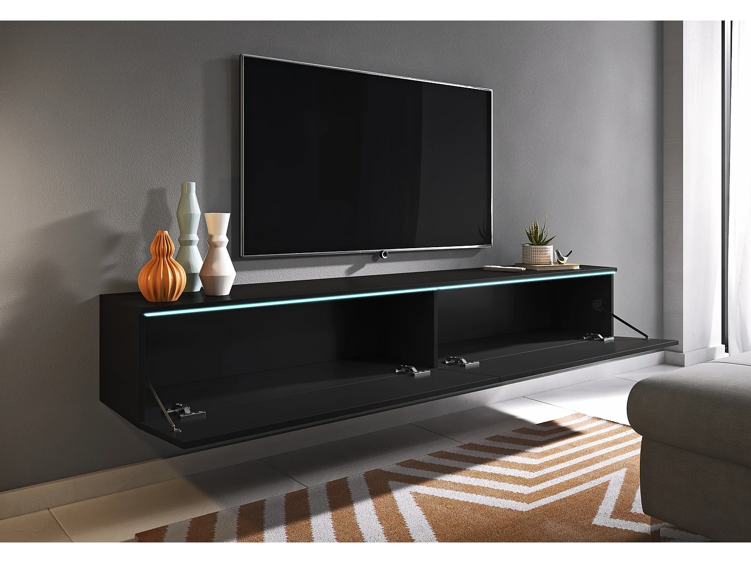 Meuble TV - 180 cm - noir graphite - avec LED - KANE
