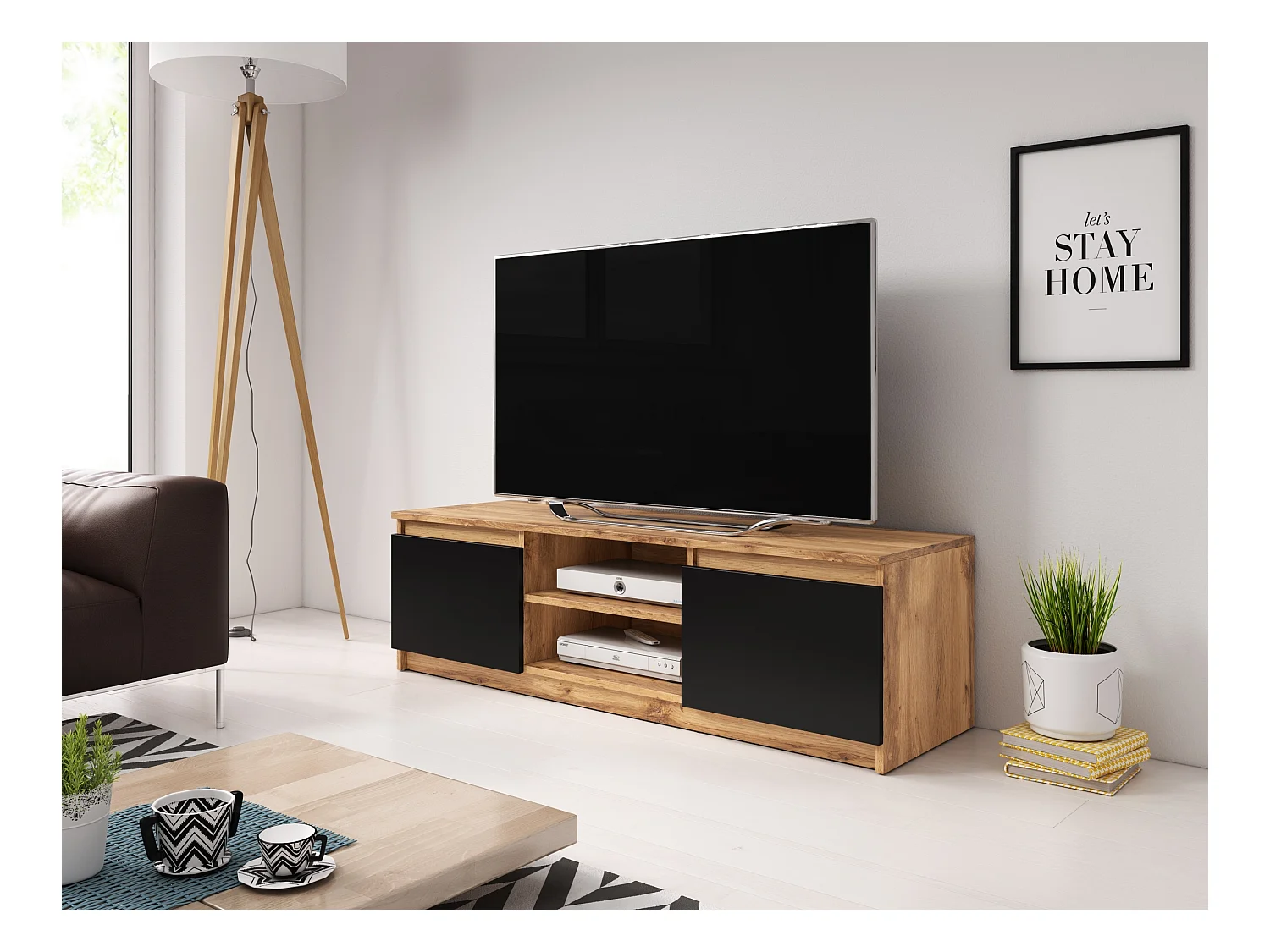 Meuble TV - 120 cm - chêne wotan/noir graphite - sans LED - PERMYS