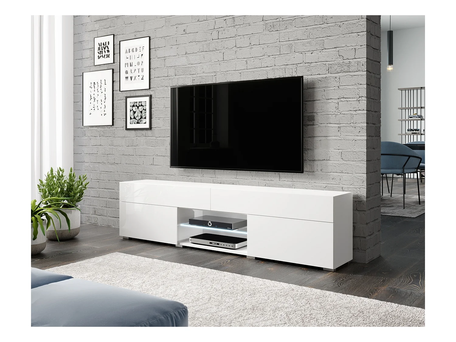 TV-meubel - 180 cm - met lades - mat wit/glanzend wit - met LED - BANGIE