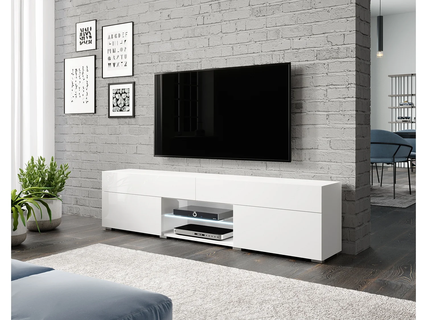 Meuble TV - 180 cm - avec tiroirs - blanc mat/blanc brillant - avec LED - BANGIE