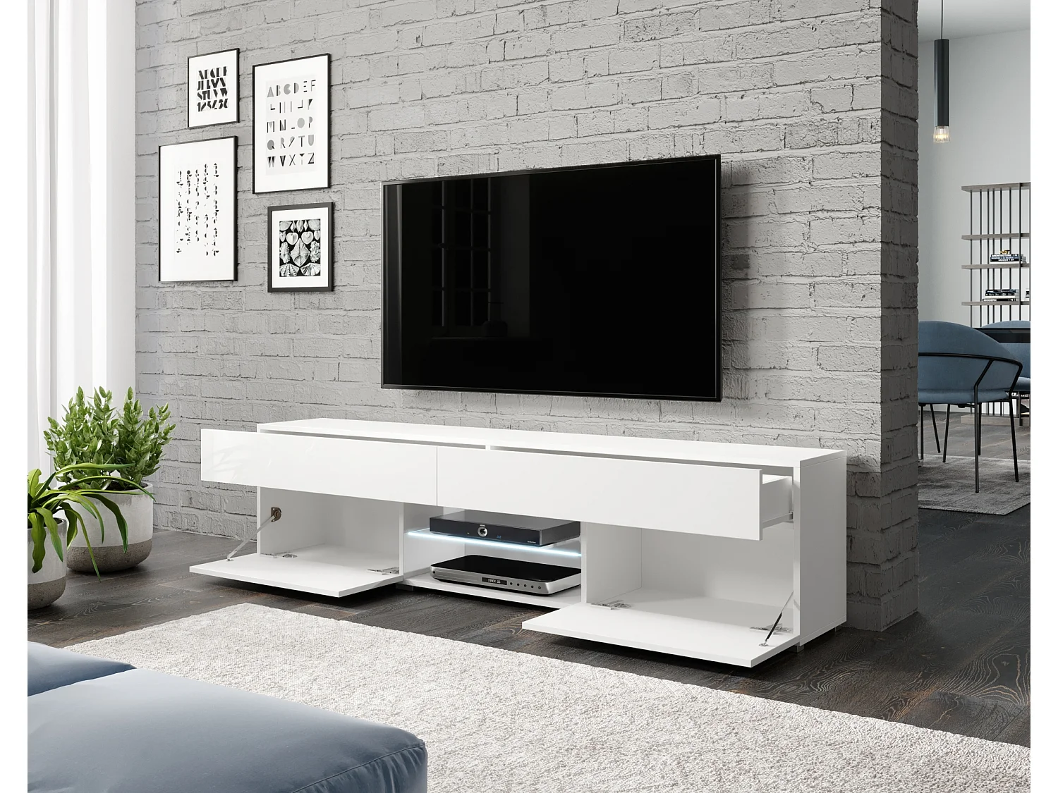 Meuble TV - 180 cm - avec tiroirs - blanc mat/blanc brillant - avec LED - BANGIE