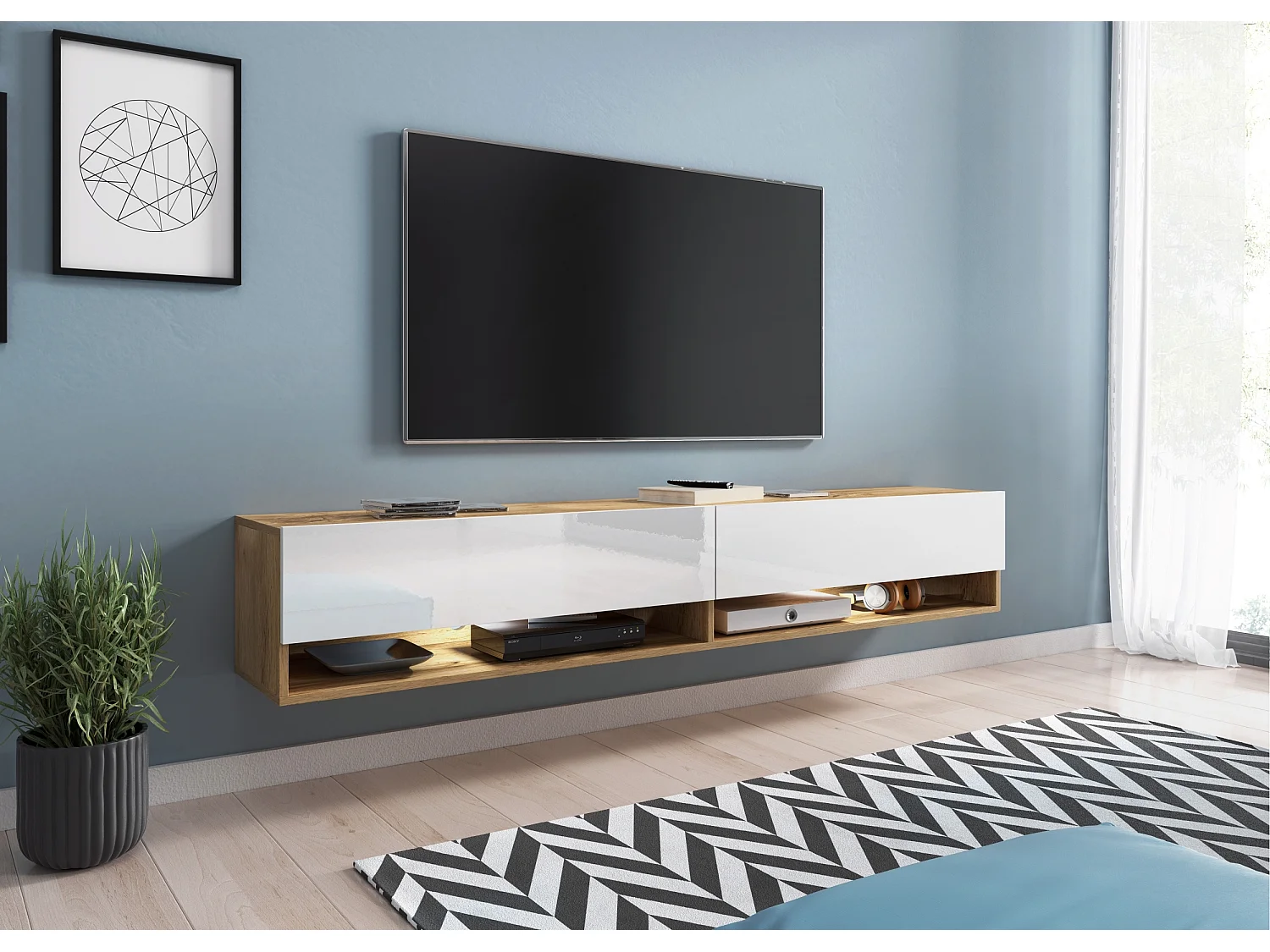 Meuble TV - 180 cm - chêne wotan/blanc brillant - avec LED - WANDER