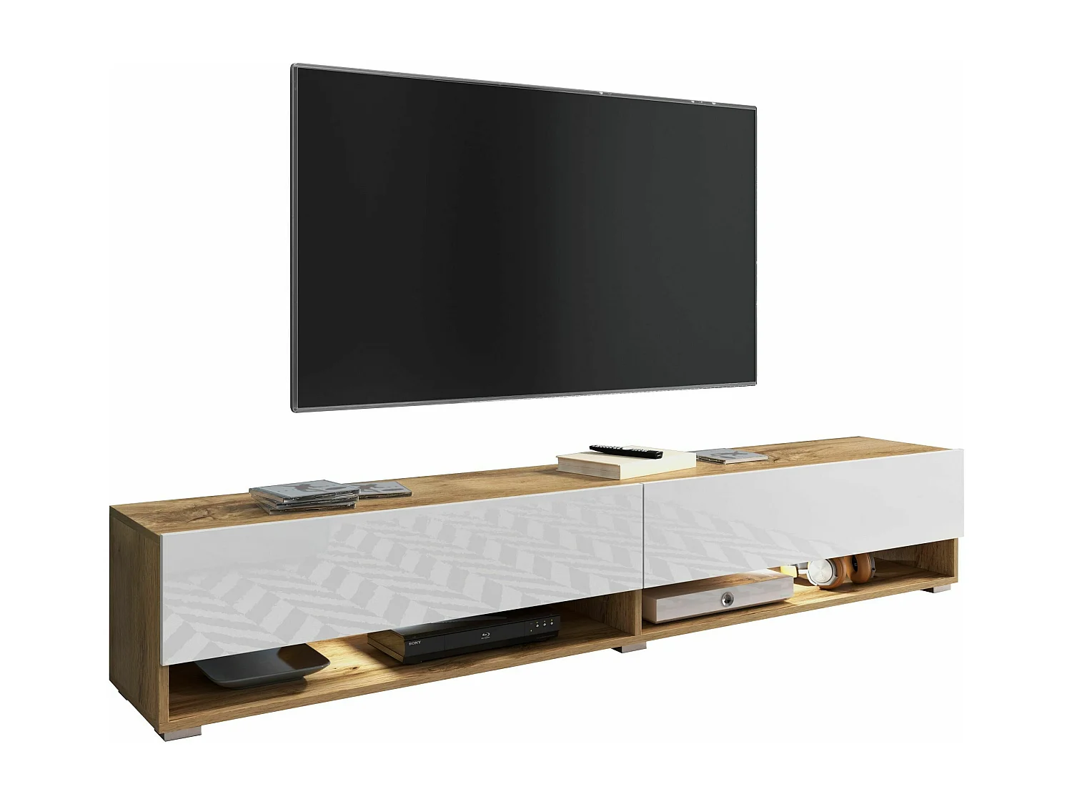 Meuble TV - 180 cm - chêne wotan/blanc brillant - avec LED - WANDER