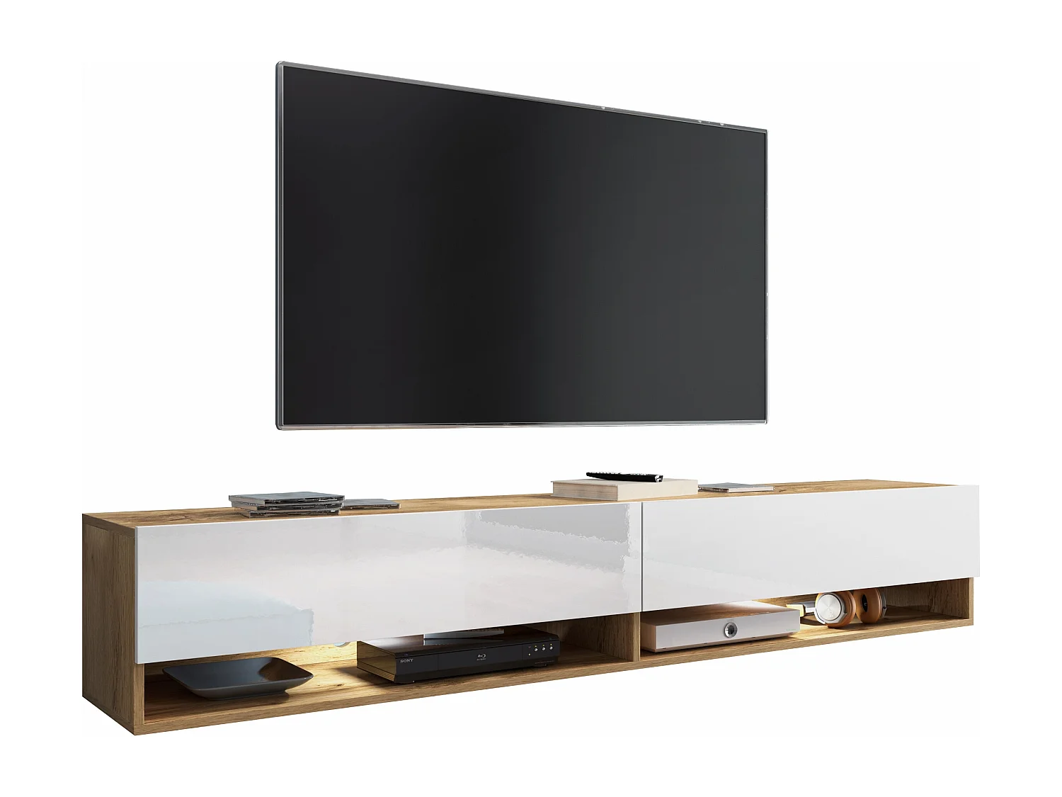 Meuble TV - 180 cm - chêne wotan/blanc brillant - avec LED - WANDER