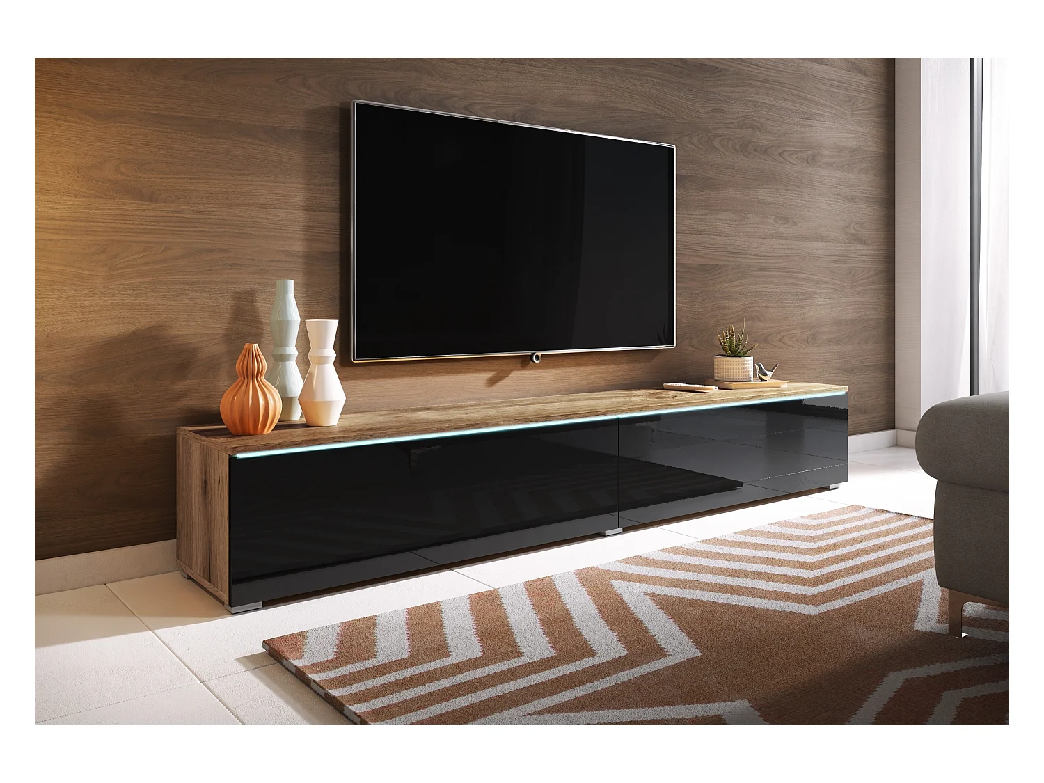 Meuble TV - 180 cm - chêne wotan/noir brillant - avec LED - KANE