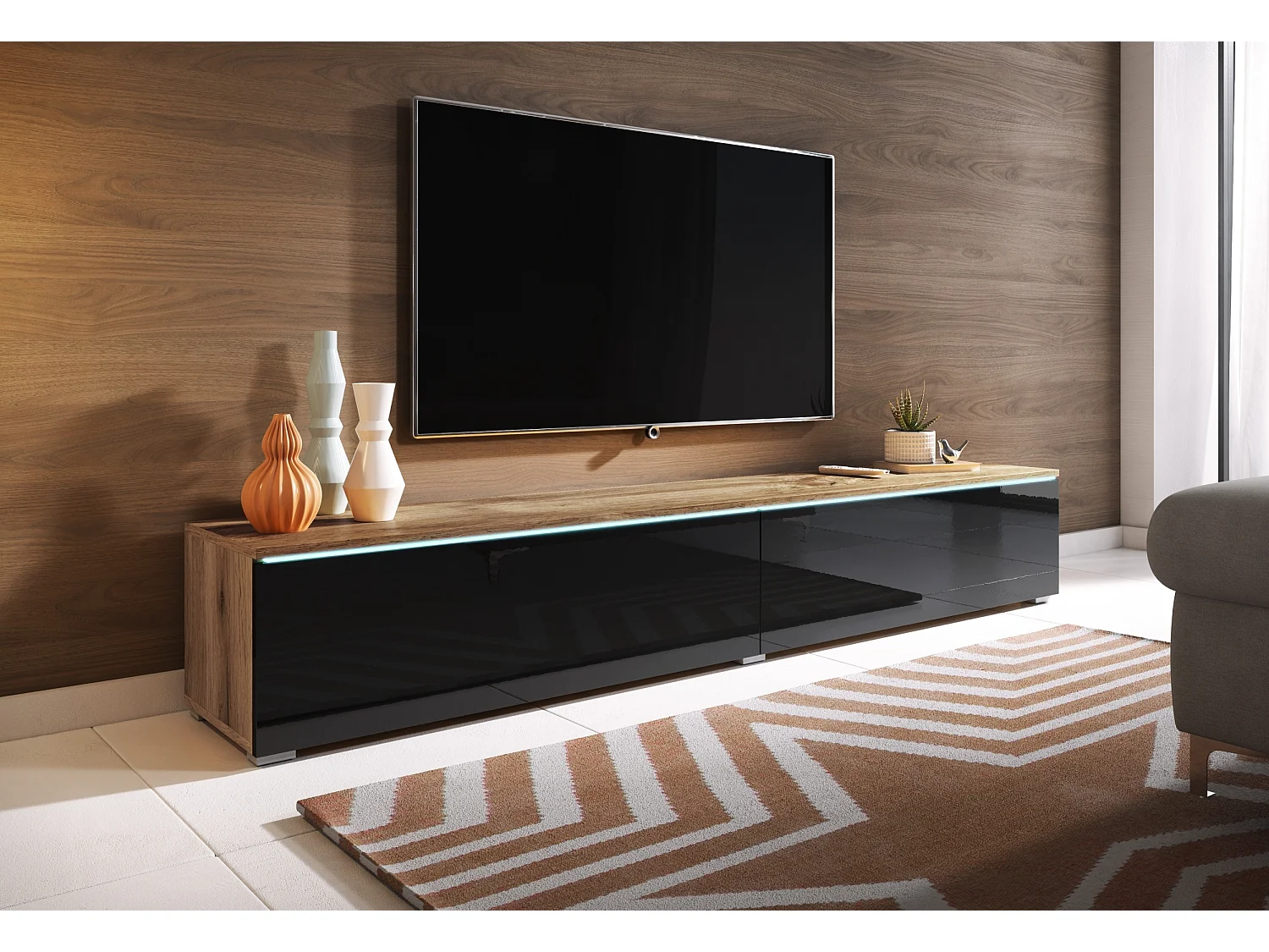 Meuble TV - 180 cm - chêne wotan/noir brillant - avec LED - KANE