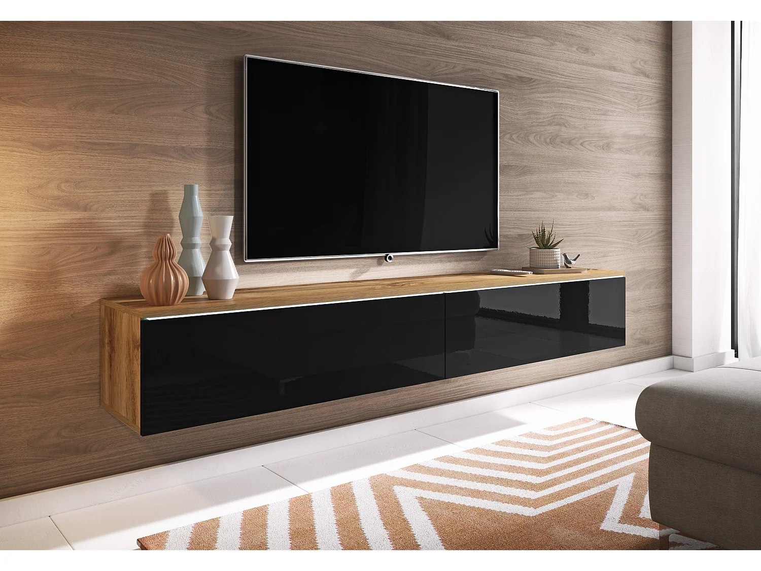 Meuble TV - 180 cm - chêne wotan/noir brillant - avec LED - KANE