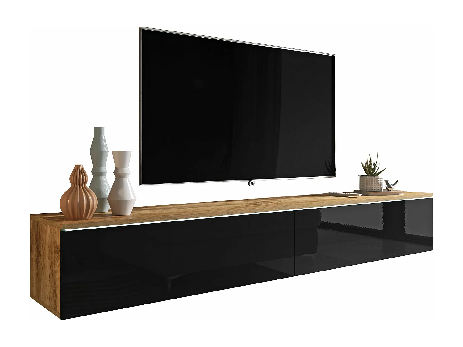 Meuble TV - 180 cm - chêne wotan/noir brillant - avec LED - KANE