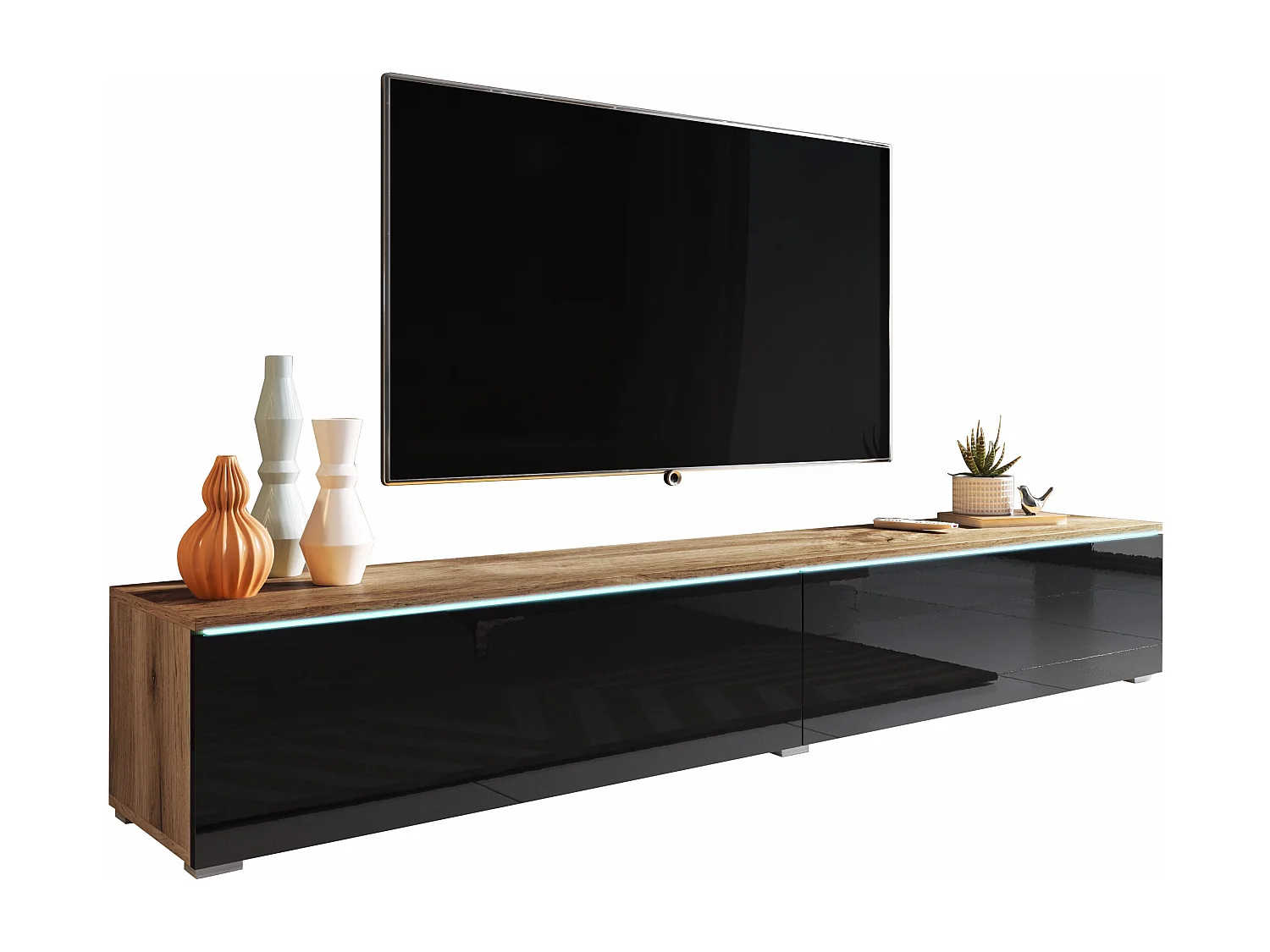 Mobile TV - 180 cm - rovere wotan/nero lucido - con LED - KANE