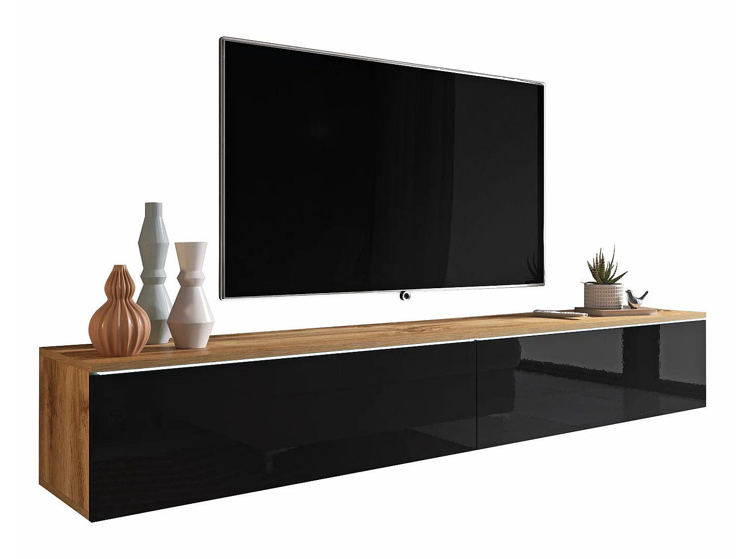 Mobile TV - 180 cm - rovere wotan/nero lucido - con LED - KANE