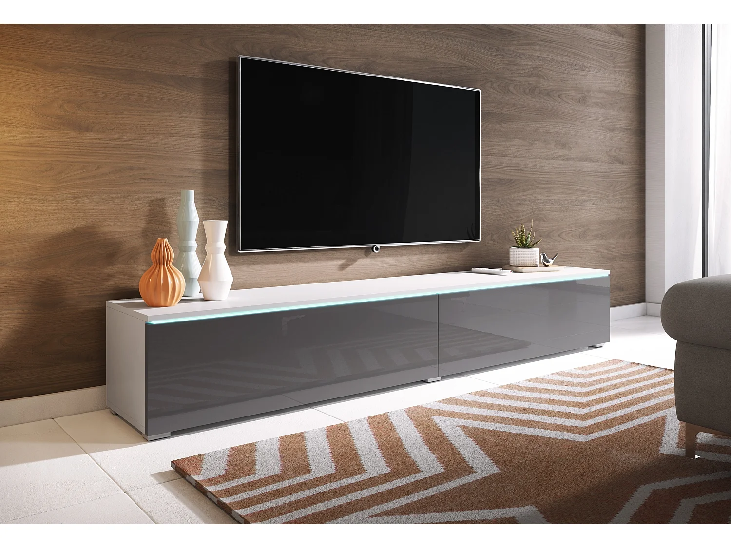 TV-Element stehend / hängend, Weiß Matt / Grau Glanz mit LED, 180 cm - Kane