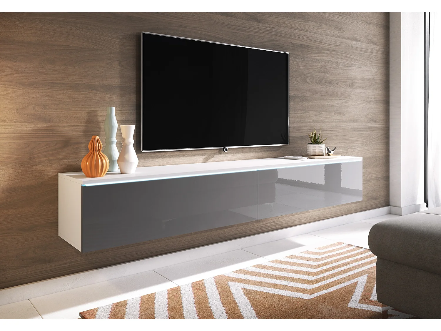 TV-Element stehend / hängend, Weiß Matt / Grau Glanz mit LED, 180 cm - Kane