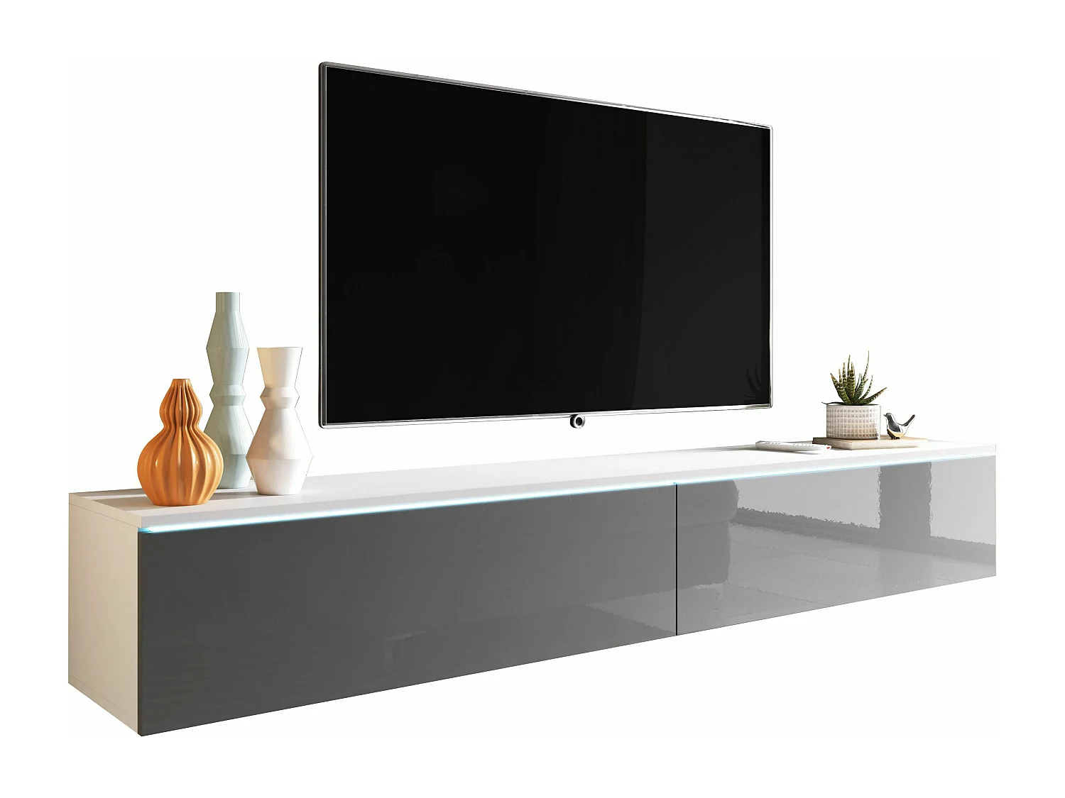 TV-Element stehend / hängend, Weiß Matt / Grau Glanz mit LED, 180 cm - Kane