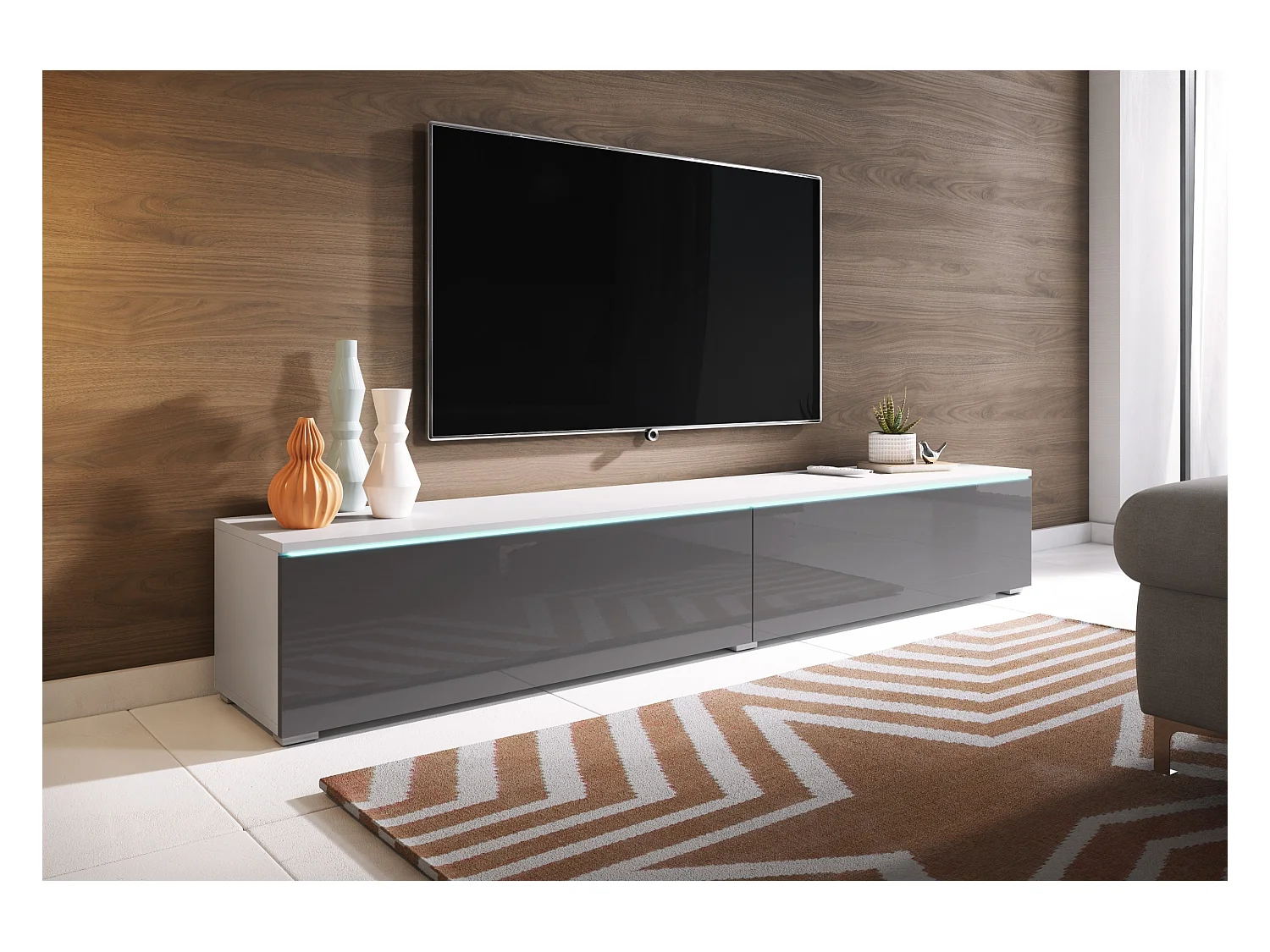 Meuble TV - 180 cm - blanc mat/gris brillant - avec LED - KANE